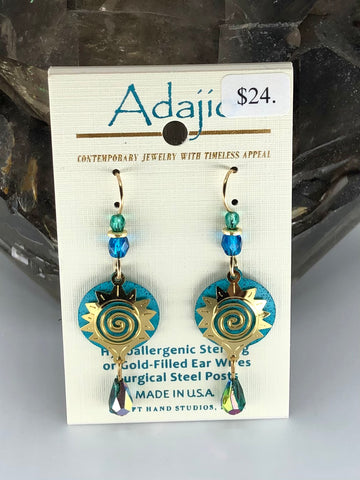Adajio Earrings-Blue rounds with brass sun overlay